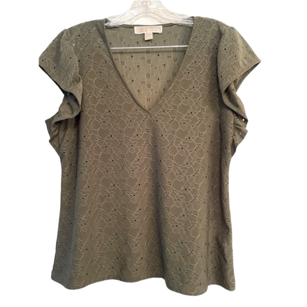 Michael Kors Ruffle Sleeve Eyelet Olive Shirt Size Large